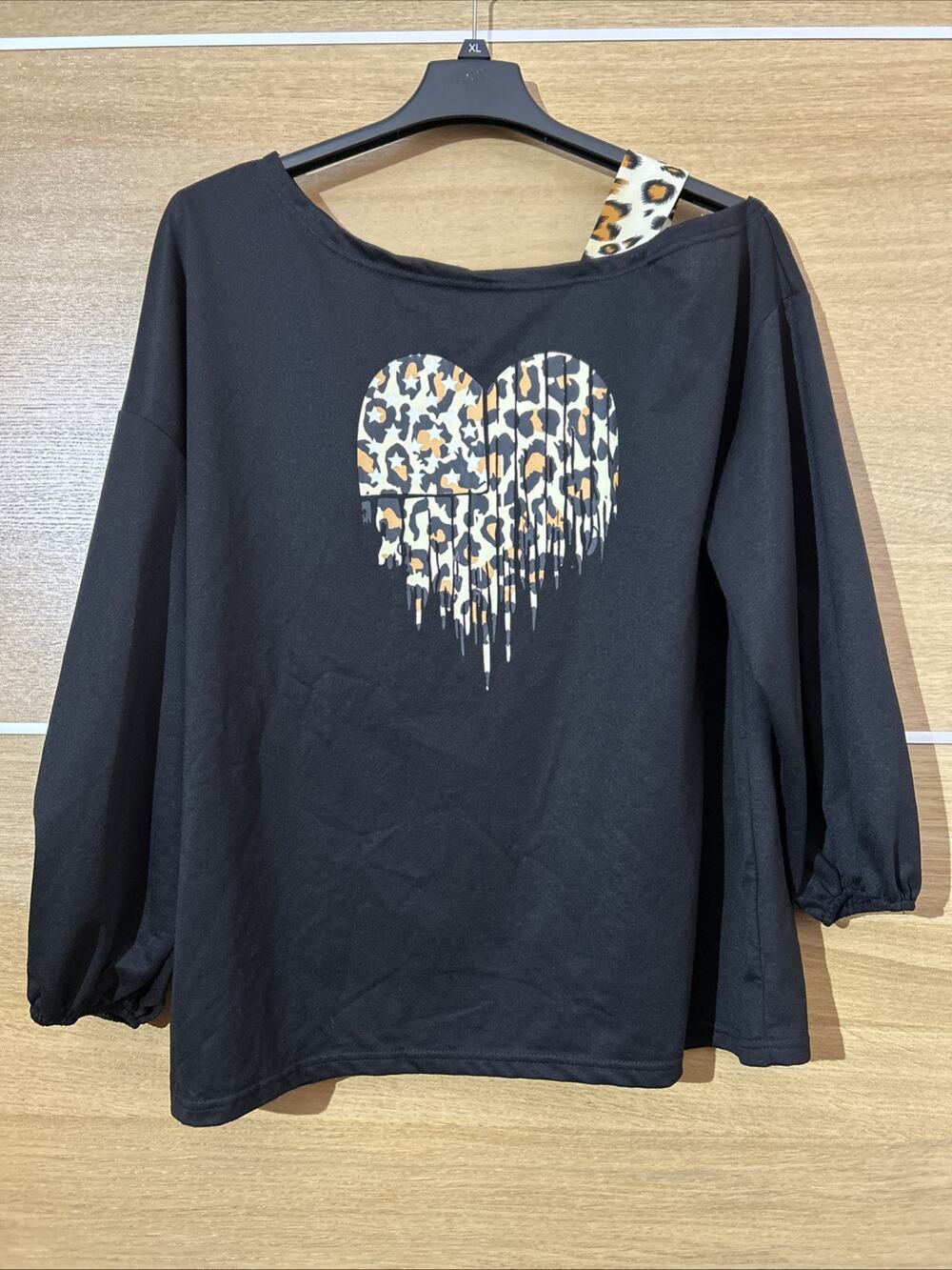 SHEIN Curve Women's Sz 2XL Heart Leopard Print Asymmetrical Neck T-shirt